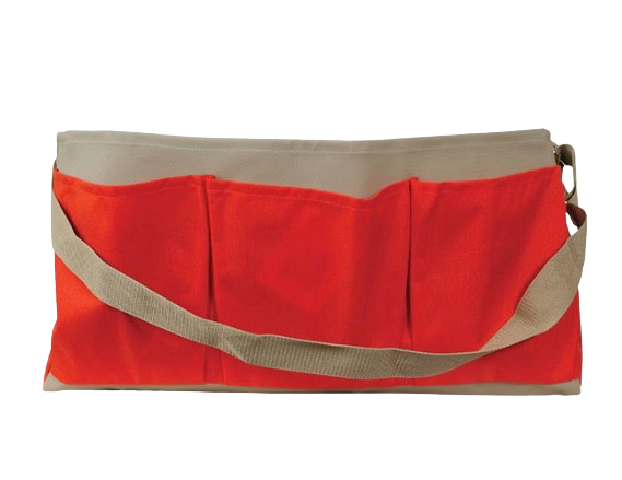Red and gray zippered pouch with a diagonal shoulder strap