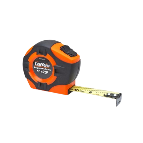 Black and orange retractable tape measure extended on a white background