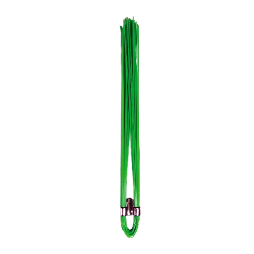 Green plastic cable tie with a metal clasp, shown vertically on a white background
