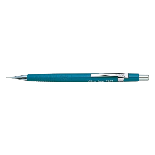 Teal mechanical pencil with silver clip and metal tip, shown horizontally on a white background