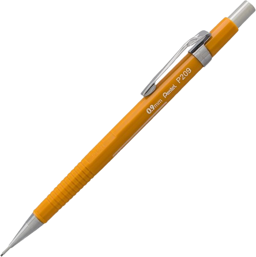 Orange mechanical pencil with silver clip and tip on a white background