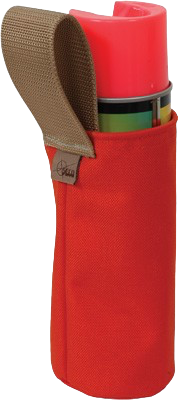 Red cylindrical pouch holding colorful utility lighters with a brown strap handle