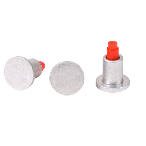 Three silver metal push pins with red tops on a white background