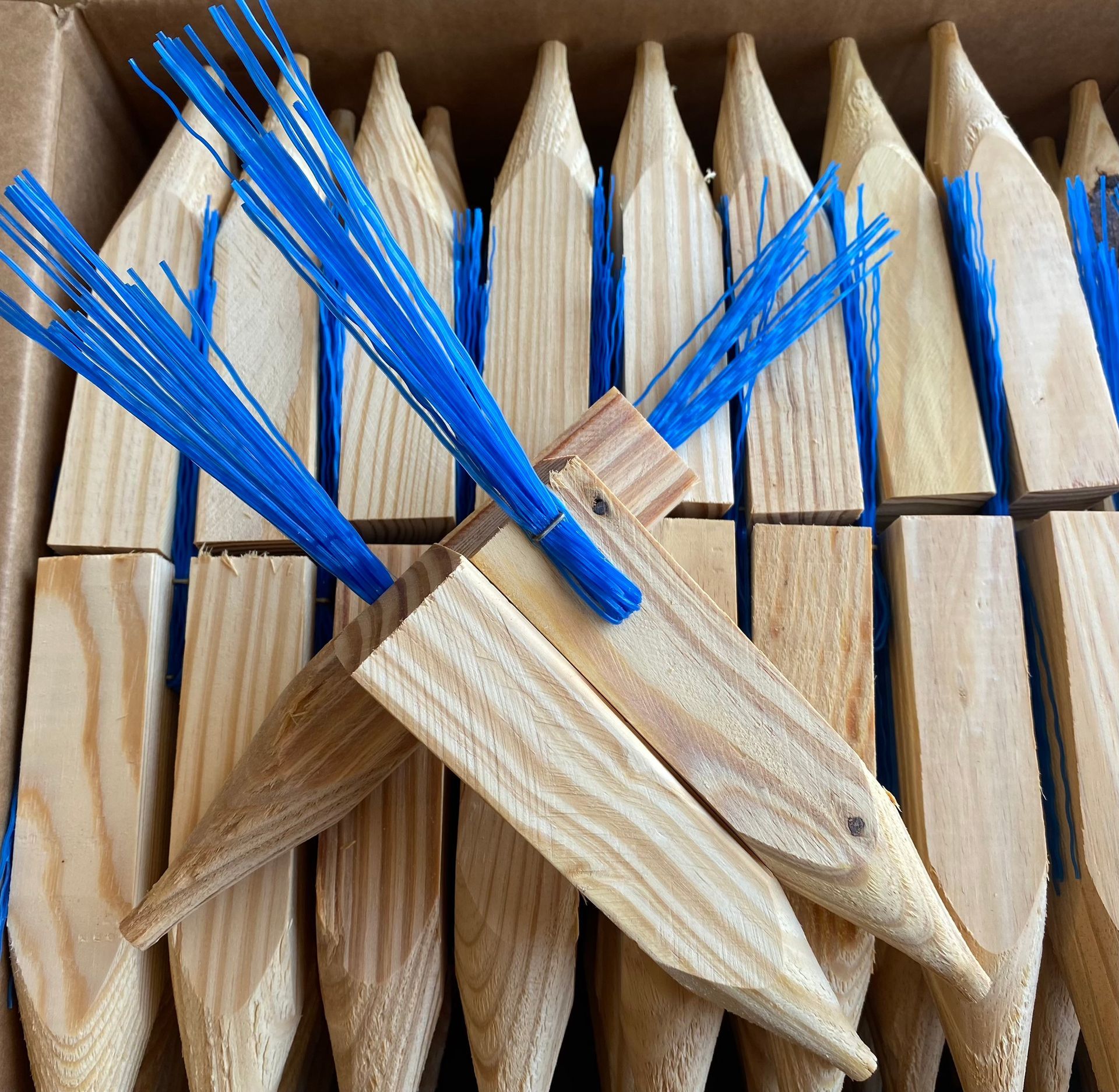 Wooden toothpicks with blue and tan bristles arranged in a close-up pattern