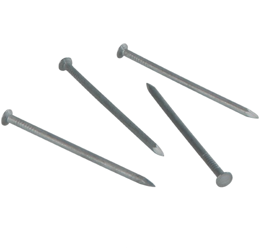 Four metal nails on a white background, shown at different angles.