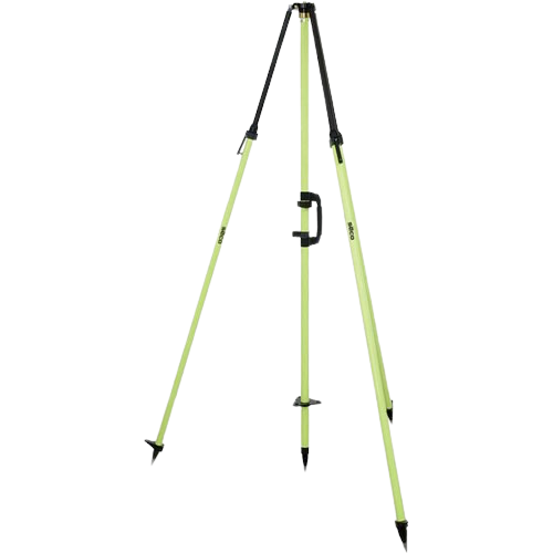 Yellow surveyor’s tripod with black top and central handle, standing on a white background