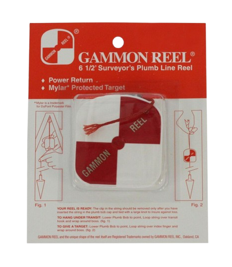 Gammon Reel package with red header, surveyor’s plumb line reel and target illustration