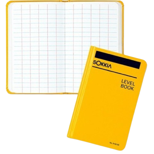 Yellow Sokkia level book with gridded pages, shown open beside the cover