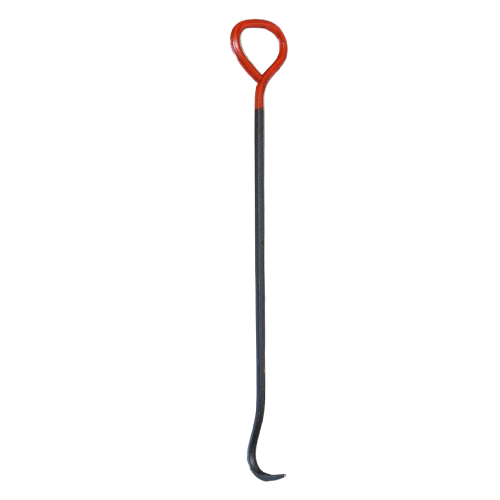 Red-handled metal hook tool with a long black shaft on a white background