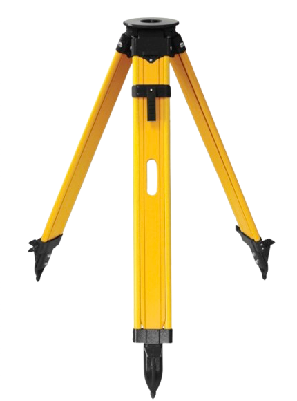 Yellow surveying tripod with black base and pointed feet