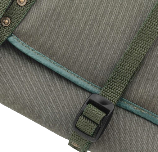 Close-up of a gray fabric bag with green straps and a black buckle clasp