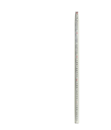 Thin white ruler with black markings and a red top, shown vertically on a plain background