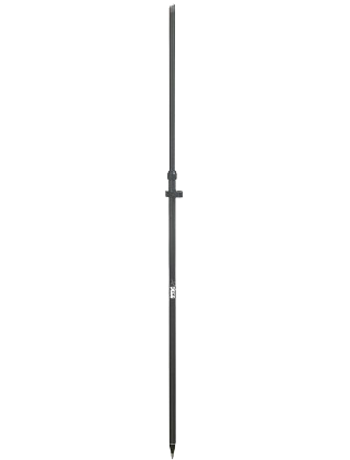 Black vertical telescopic pole with a small clamp near the middle on a white background