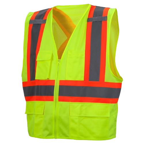 Orange high-visibility safety vest with reflective silver and yellow stripes on white background