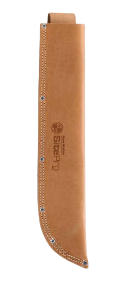 Brown leather knife sheath with stitched edges and a curved tip