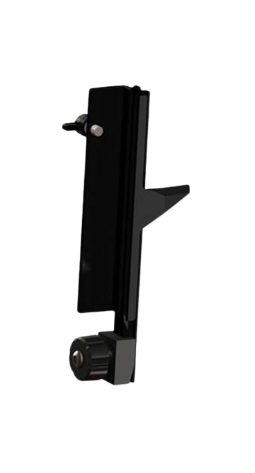 Black adjustable metal bracket with a knob on a white background