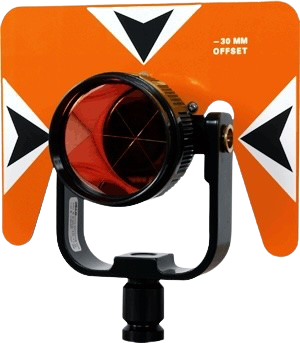 Orange survey prism with black mounting bracket and reflective lens, labeled 30 mm offset