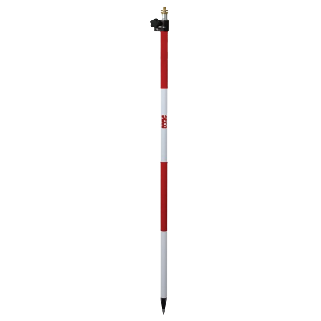 Red-and-white survey pole with a black tip on a white background