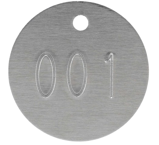 Round silver metal tag engraved “001” with a small hole at the top