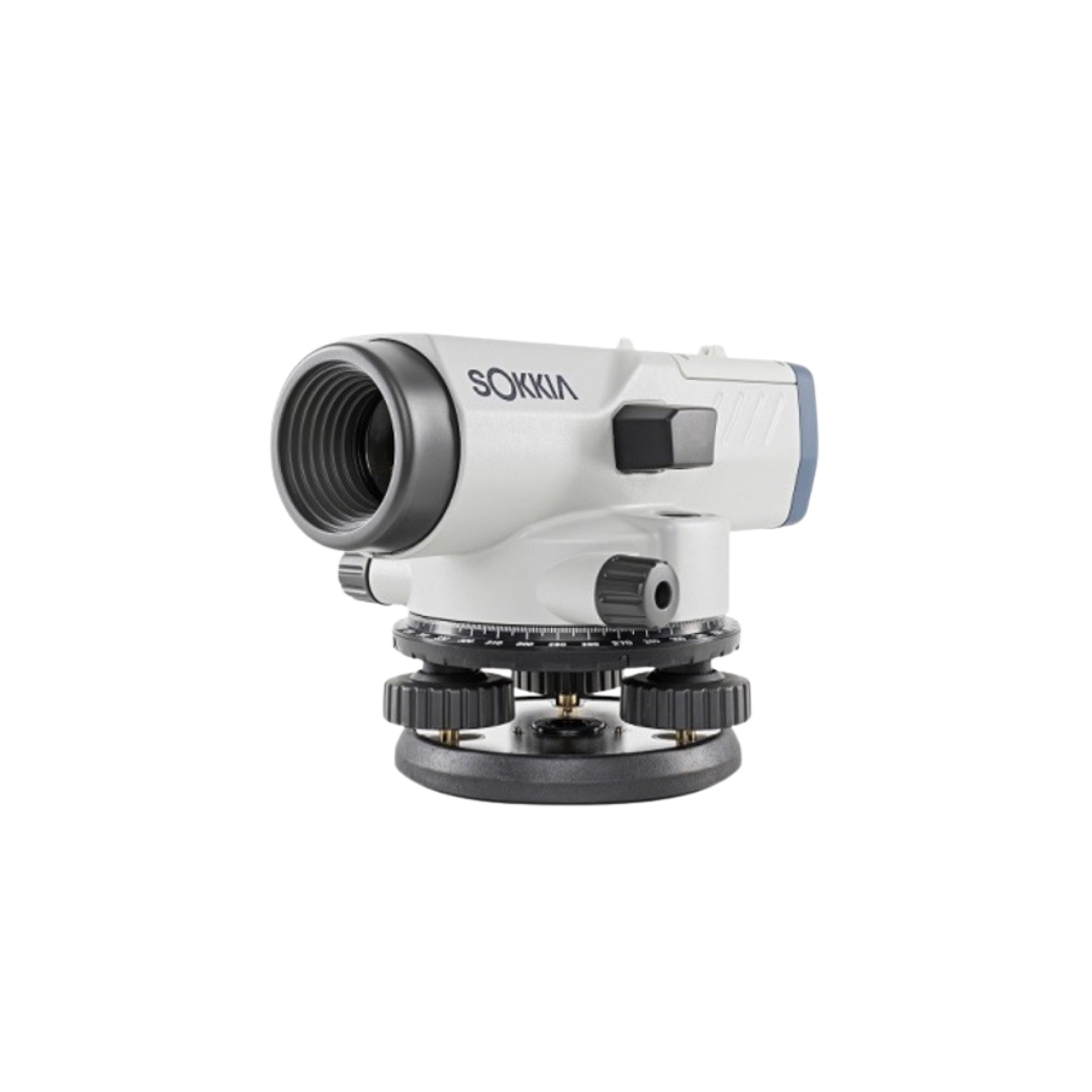 White Sokkia surveyor’s level on a black base, isolated on a white background
