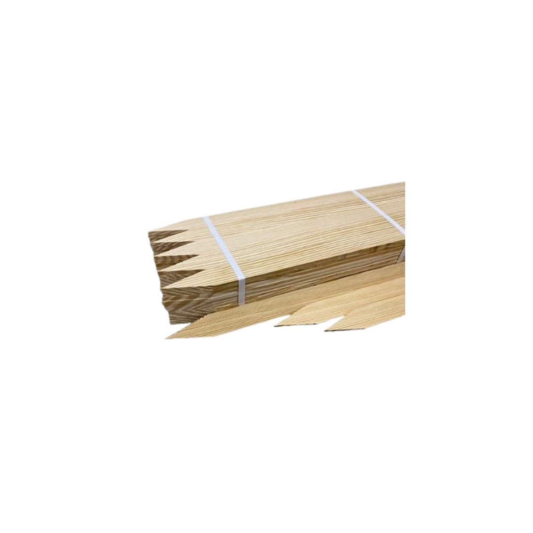 Stack of bundled tan corrugated cardboard sheets tied with white straps