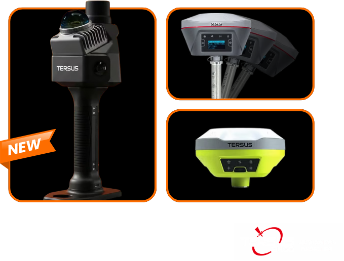 Three views of a black-and-green Tersus surveying device, marked “NEW” on a white background