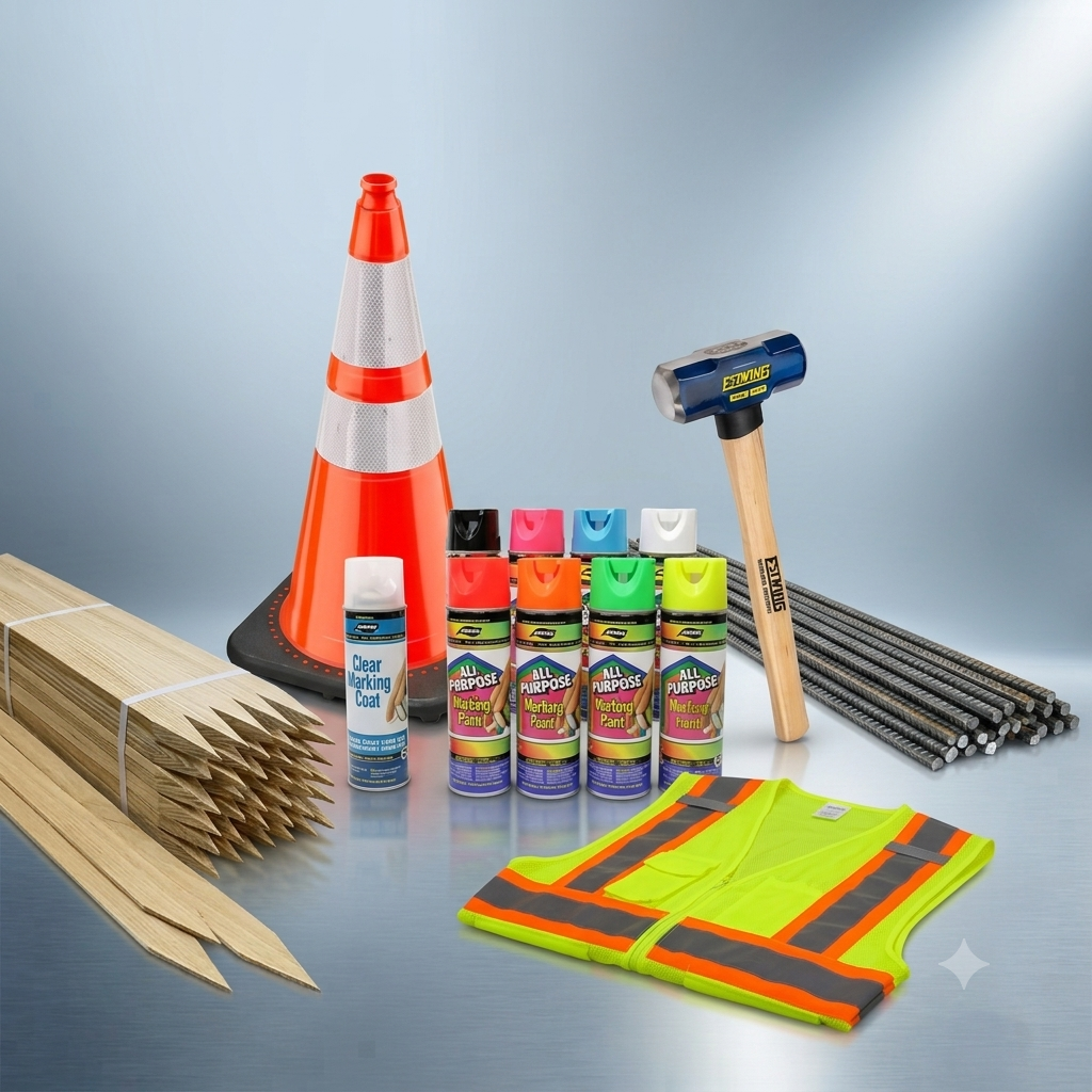 Assorted construction safety gear and tools, including cone, hard hat, hammer, nails, gloves, and tape measure.
