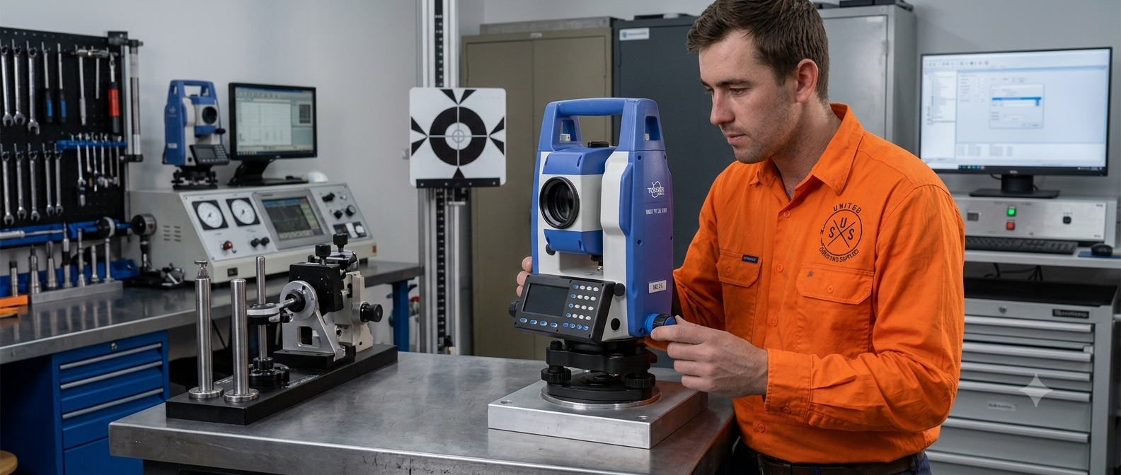 Technician in orange shirt inspecting a blue lab machine in a workshop