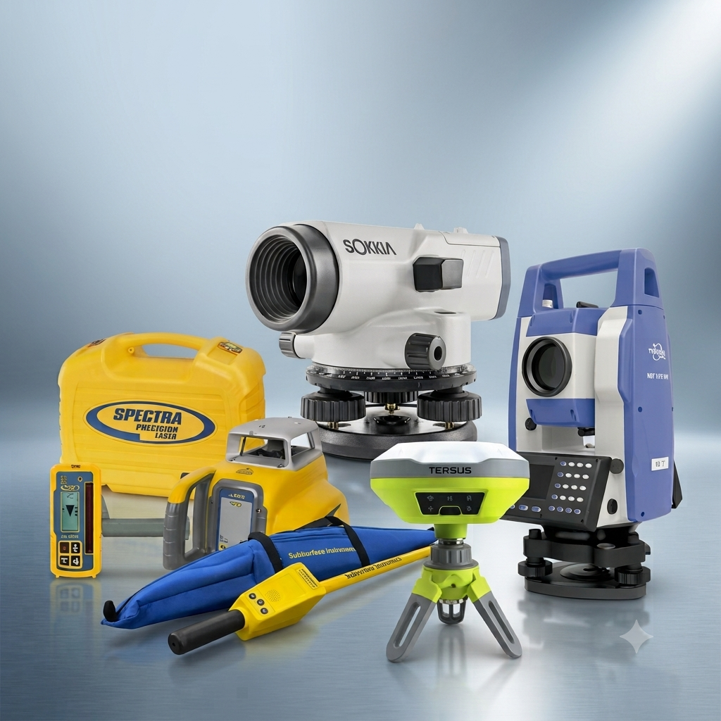 Surveying tools including a yellow Spectra unit, blue tripod, white level, and green laser level on a gray surface