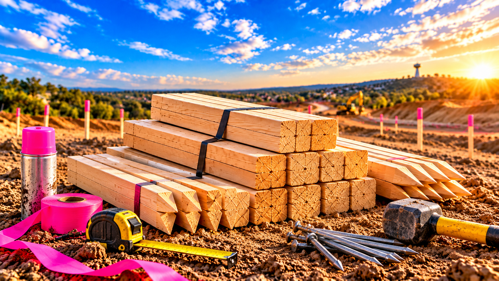 Surveying supplies and wood stakes at a Texas jobsite.