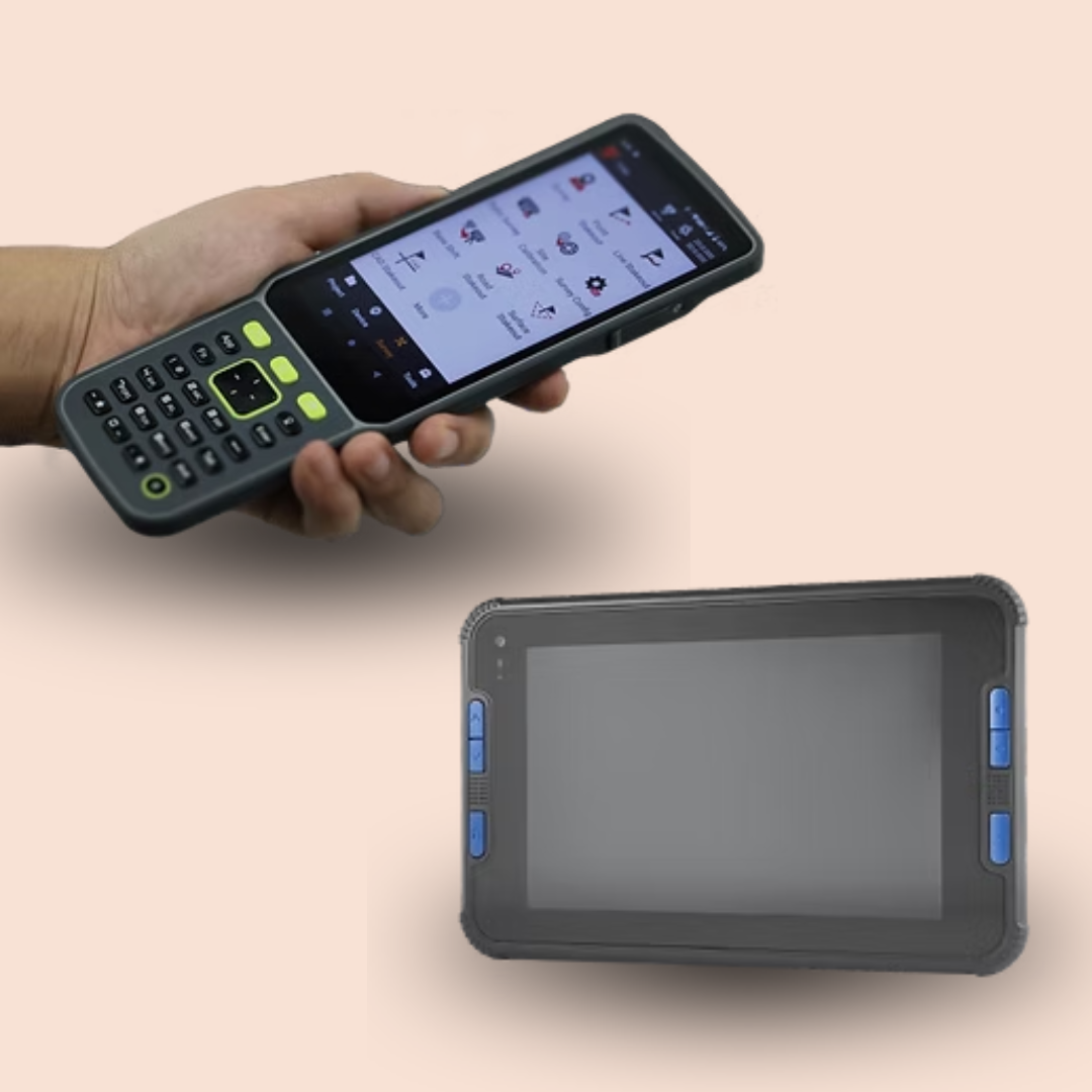 Handheld black touchscreen phone with slide-out keypad, shown beside its back view with blue side buttons