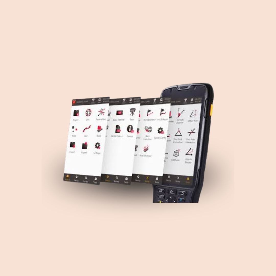 Handheld rugged device showing multiple overlapping app screens on a beige background