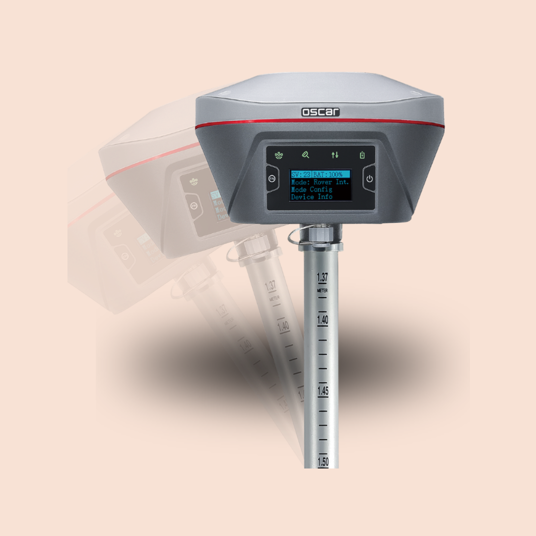Surveying GNSS receiver with digital display on a pole, gray and black with red accent, against a beige background