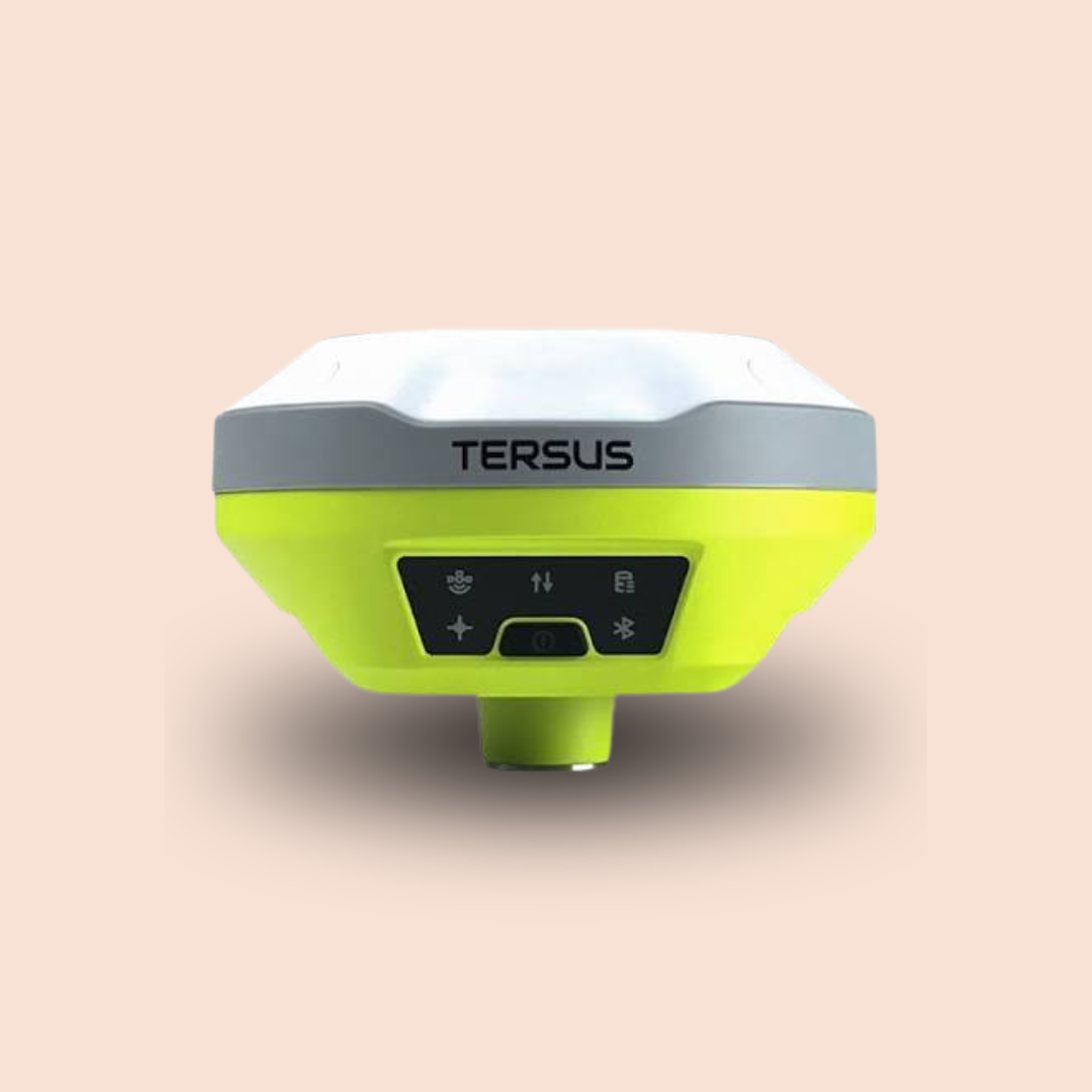 Tersus GNSS receiver with white and neon yellow body on a beige background