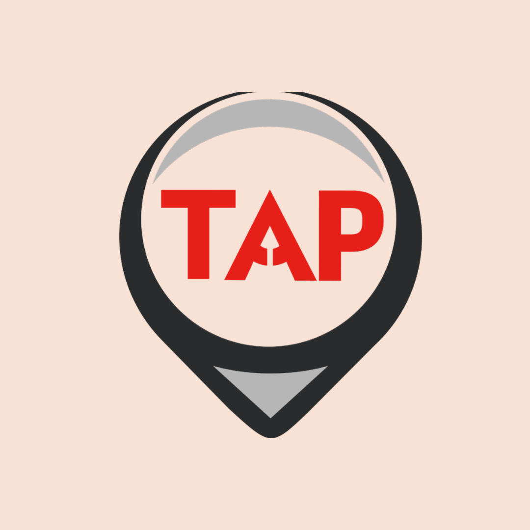 Red TAP logo inside a black map pin on a light beige background