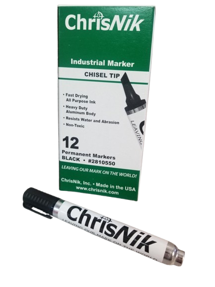 ChrisNik industrial marker with chisel tip, black-and-silver marker and green product box.