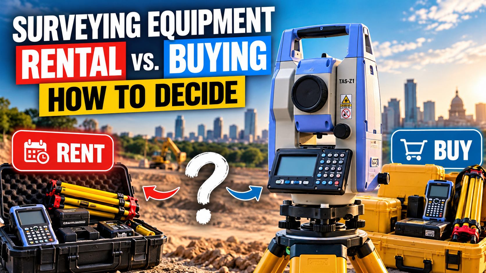 Surveying equipment rental vs. buying with a TAS-Z1 total station at a Texas construction site.