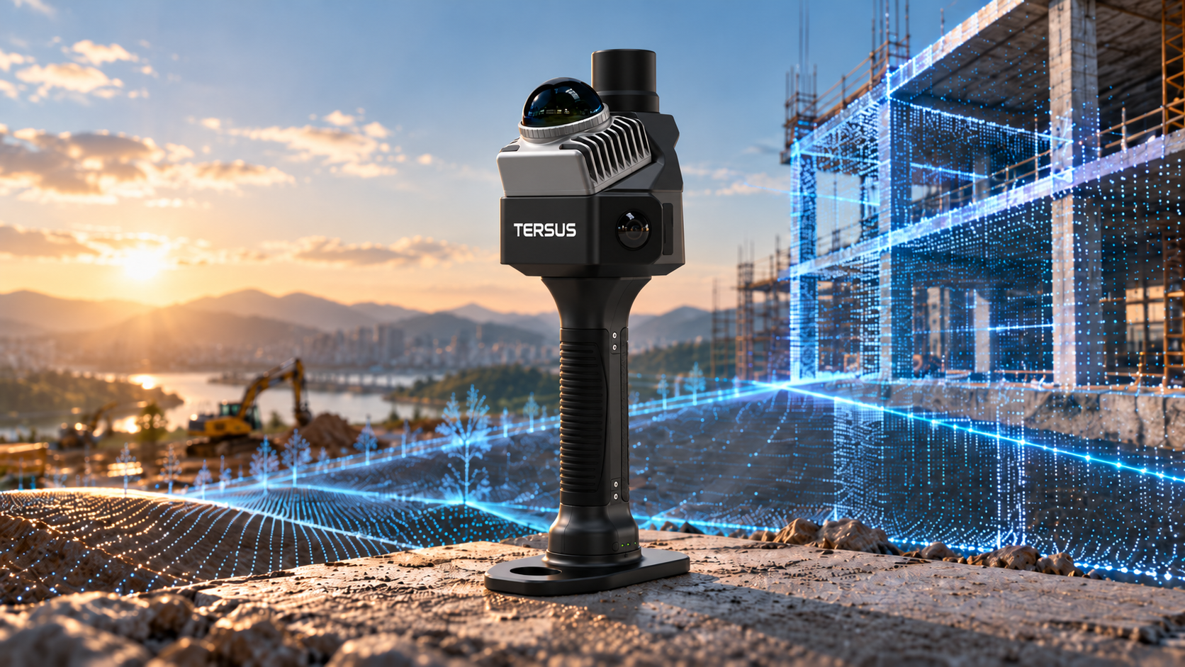 Surveyor using the Tersus MVP S1 handheld 3D laser scanner on a construction site