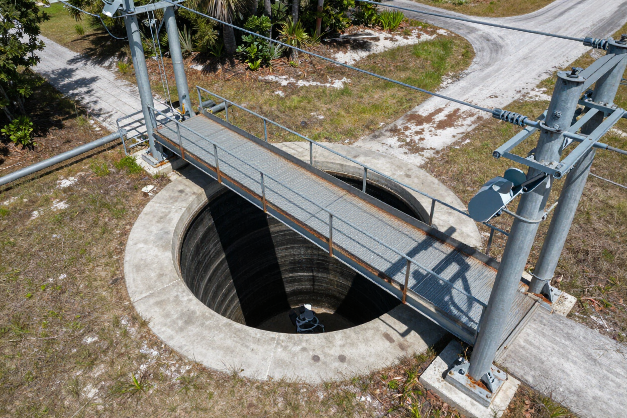 Suspended walkway over a large circular concrete opening in a grassy industrial area