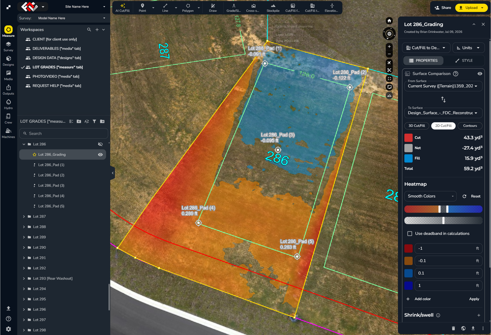 Aerial mapping software showing an outlined land parcel with blue, orange, and red color overlays.