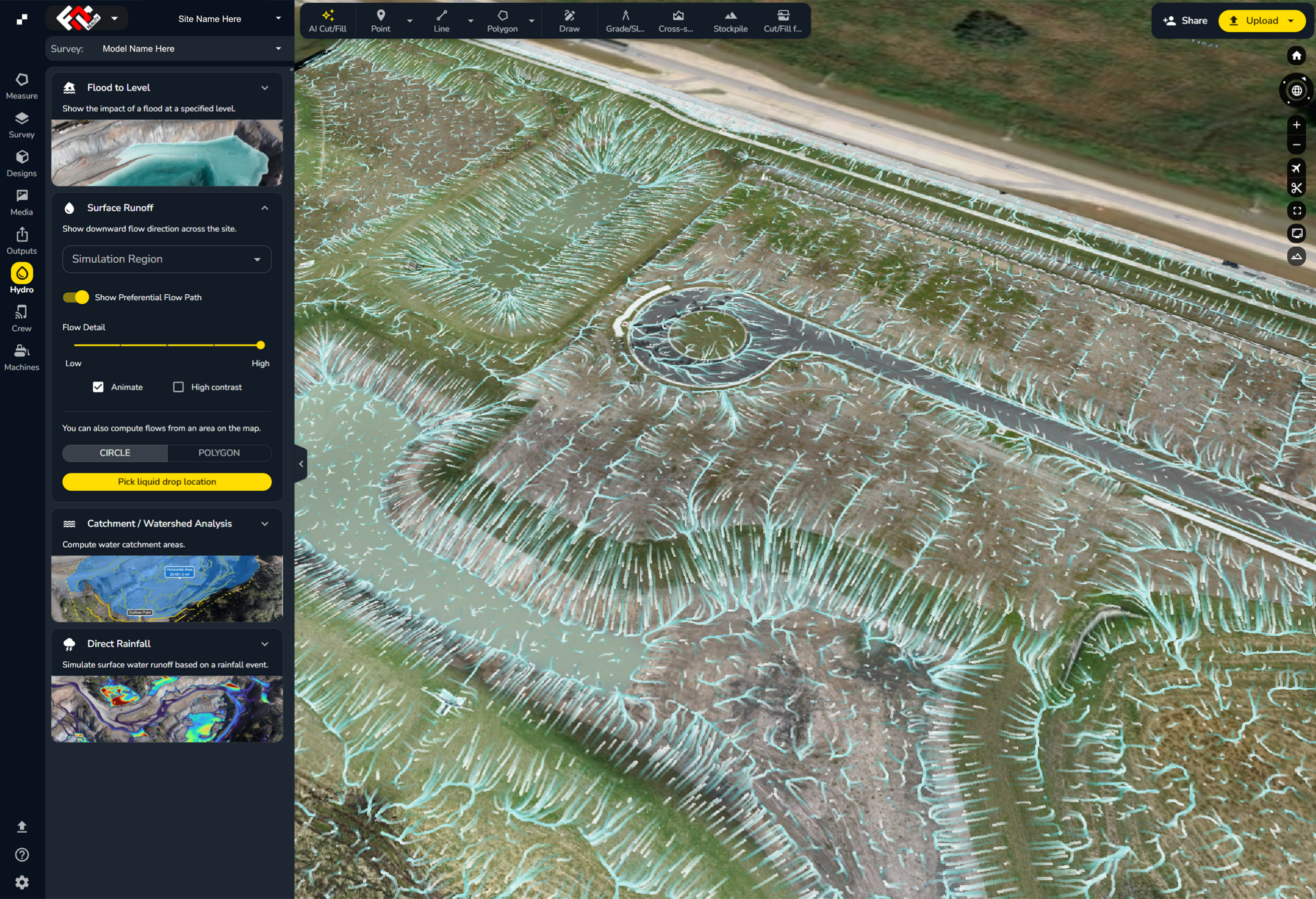 Aerial lidar view of a large archaeological site with faint earthworks and a road at the top.