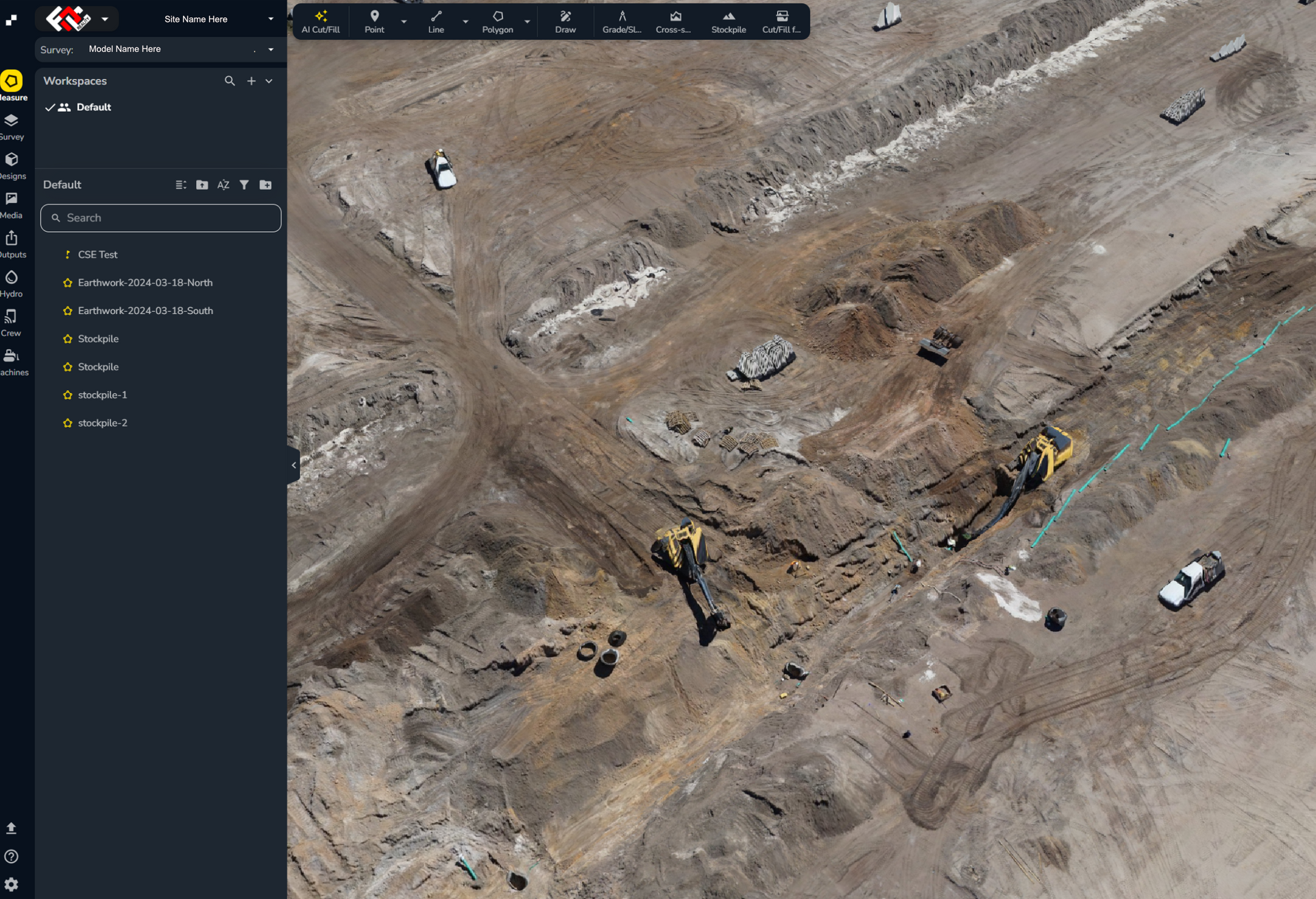 Aerial view of a construction site with excavators, dirt roads, and earthmoving equipment.