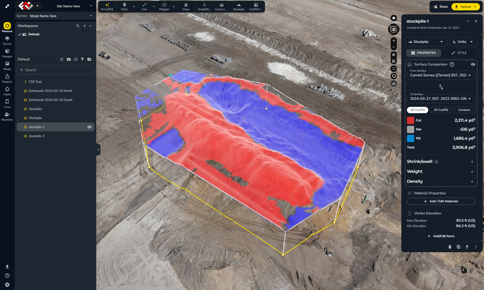3D map of a construction area with a red and blue highlighted surface inside a yellow boundary box