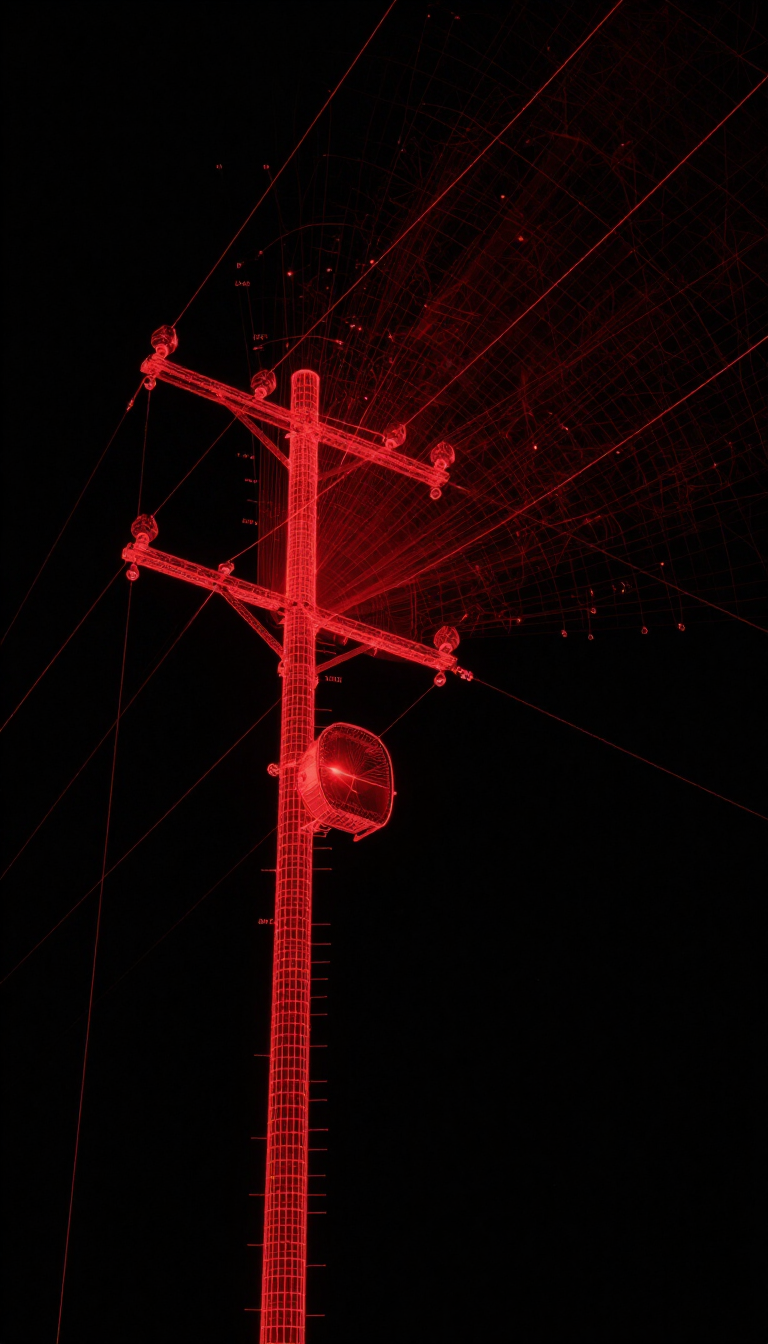 Red utility pole with power lines and a transformer silhouetted against a black background.