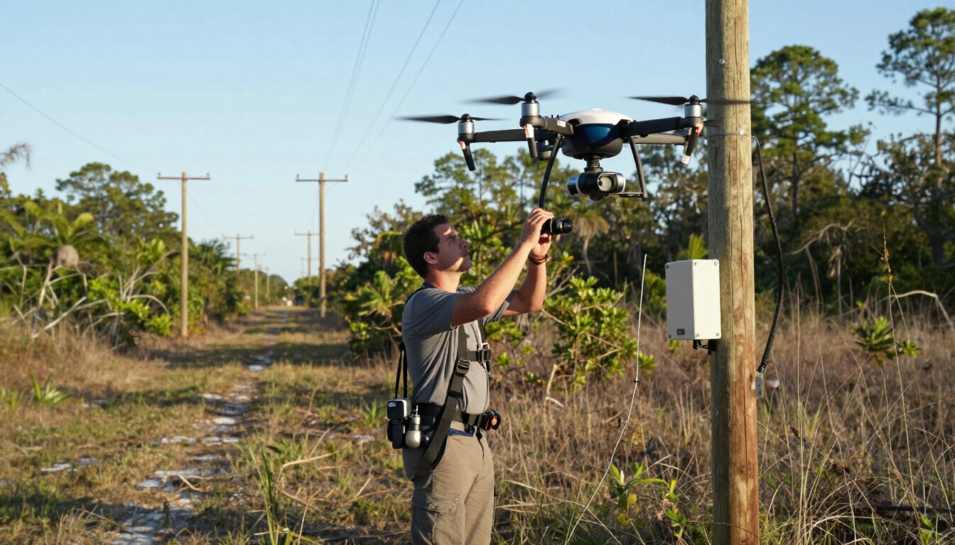 Person operating a drone beside a dirt road in a rural field, holding it near a utility pole.