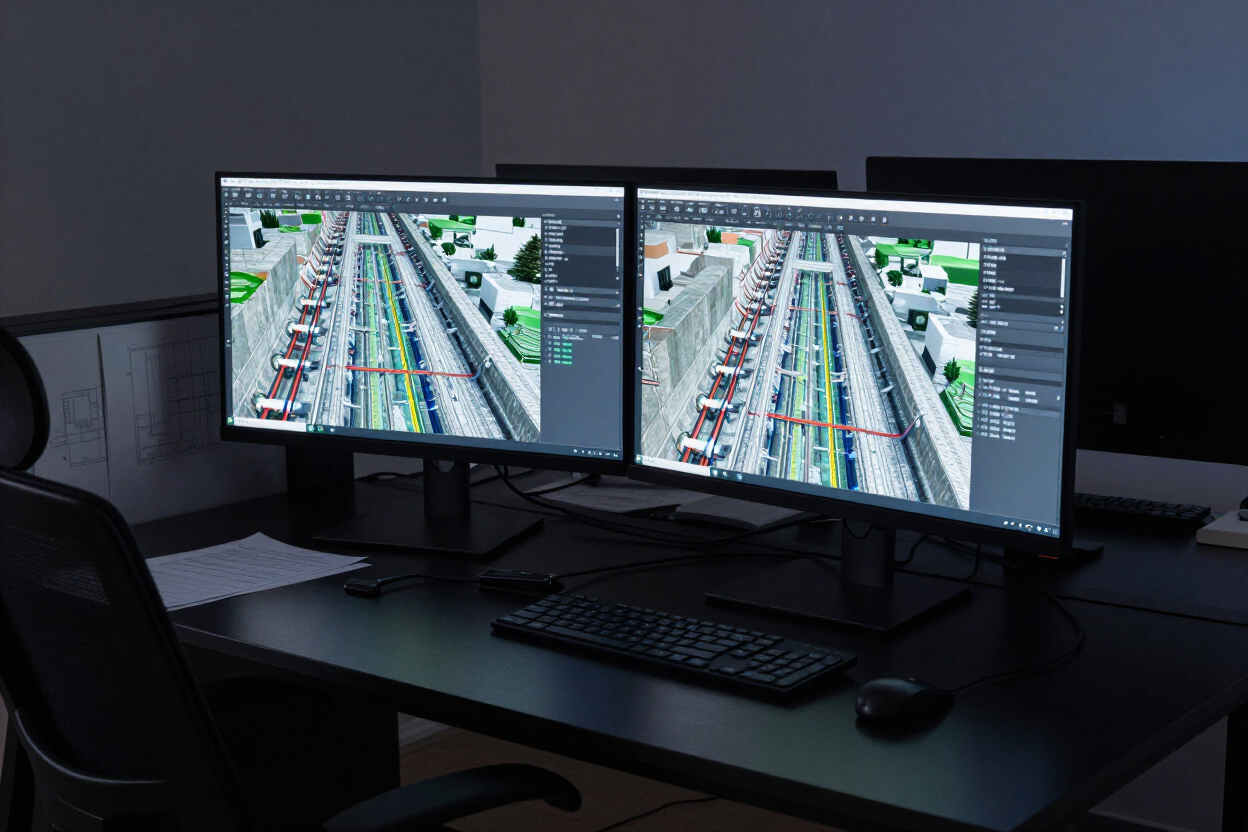 Dual monitors on a desk displaying a traffic surveillance feed in a dim office