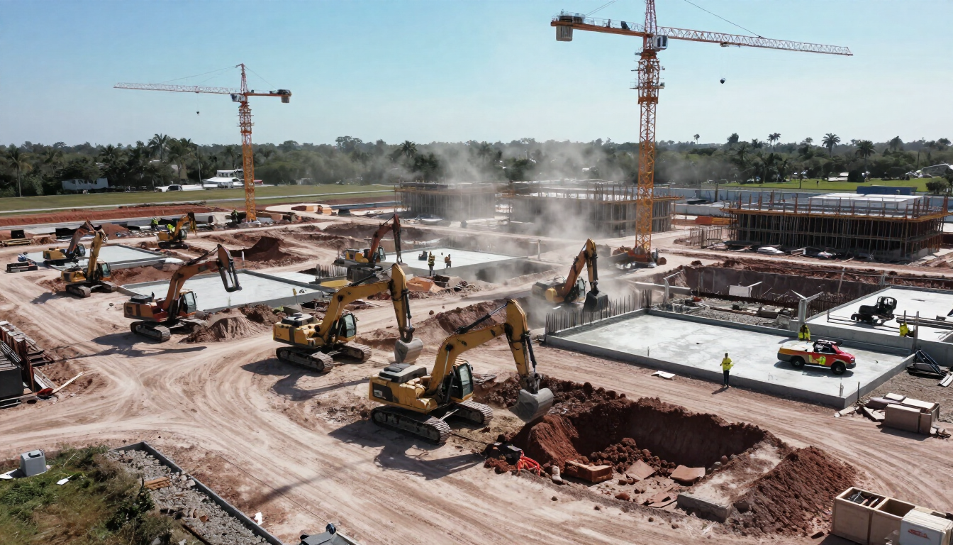 Construction site with cranes, excavators, and dust over a large building foundation