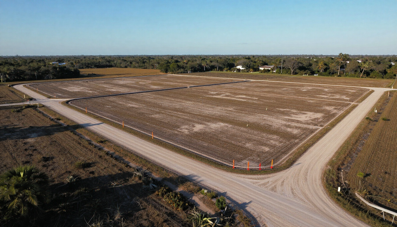 Aerial view of a large cleared dirt lot with roads around it and trees in the distance.