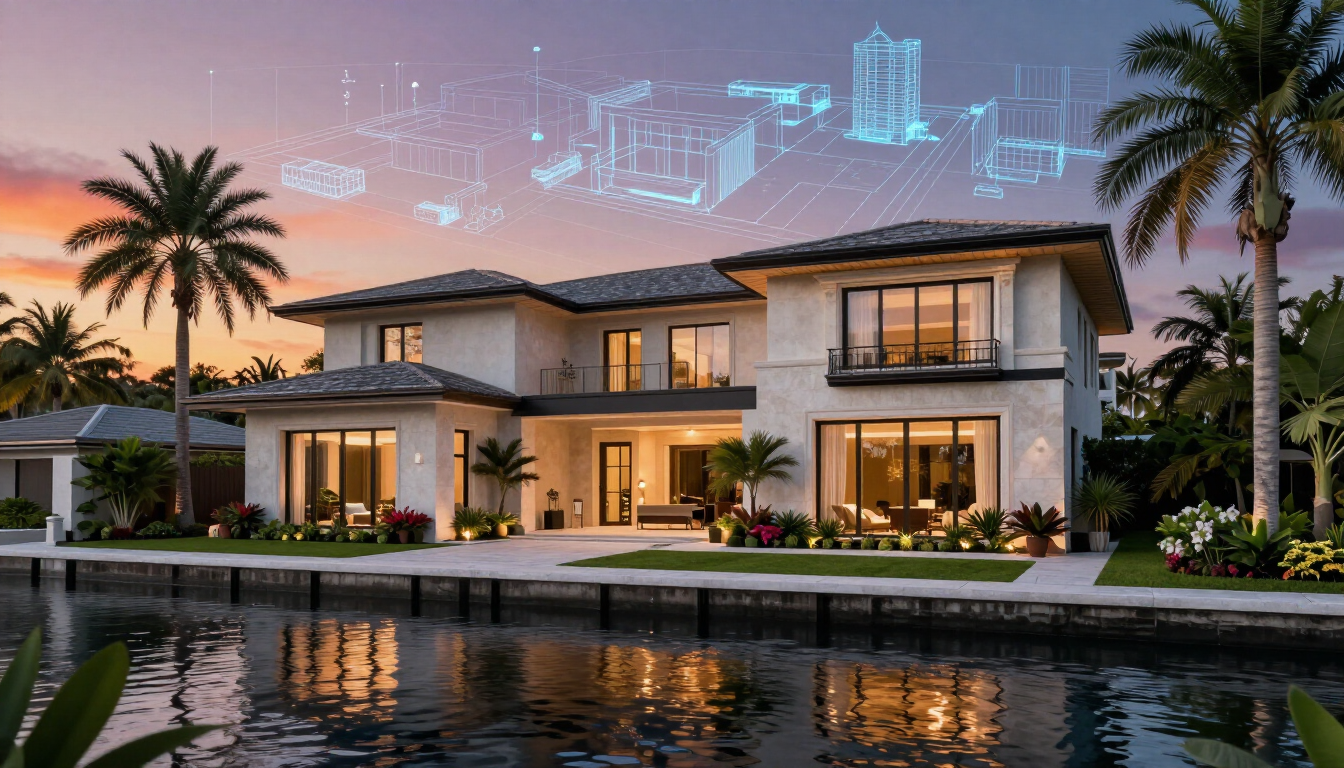 Luxury modern villa at dusk with palm trees and reflective pool, glowing windows, and digital skyline overlay