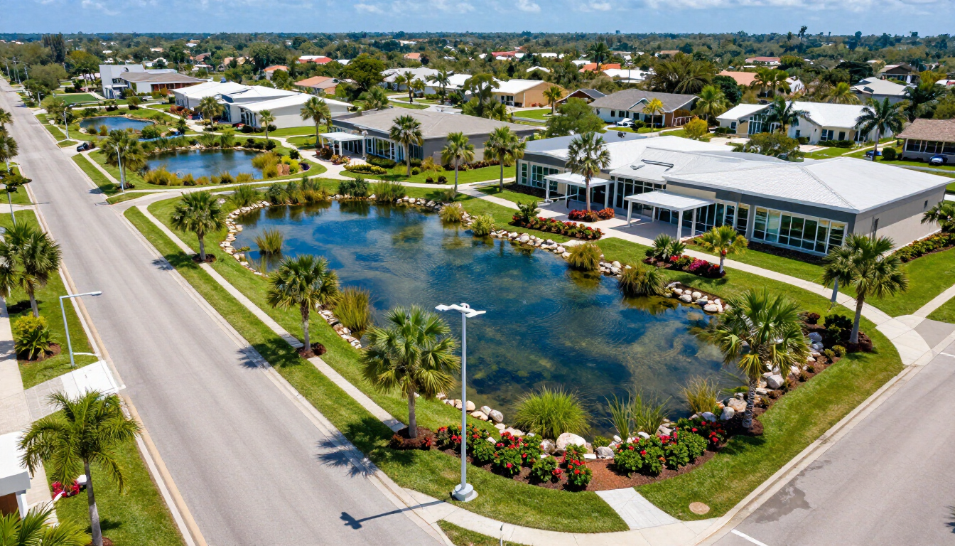 Aerial view of a suburban neighborhood with a pond, palm trees, and modern buildings beside a road
